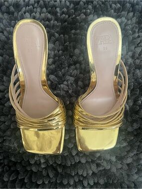 Zara Metallic Gold Strappy Slide Mules - Women